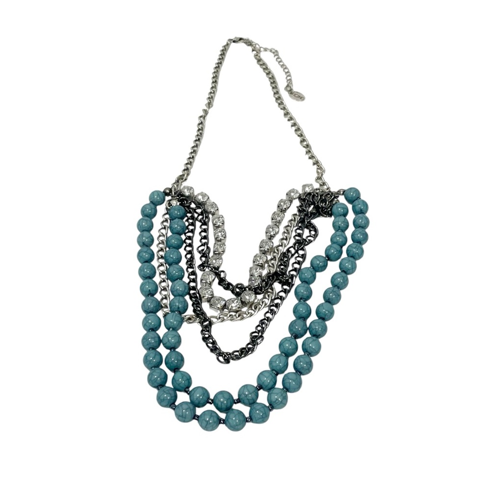 Icing Vintage Green Silver Stone Layered Silver Tone Neck Costume Jewelry